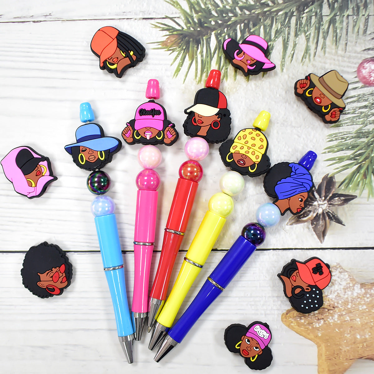 Wholesale  Random 100pcs  Black Girl Cartoon Ballpoint Pen Handmade Beads